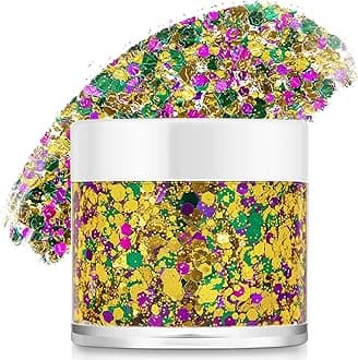 Mardi Gras Gold Hair Face Glitter,Mardi Gras Outfit for Women,Green Purple Gold Mixed Holographic Self-Adhesive Body Glitter,Festival Chunky Sequins Carnival Costume New Orleans Decorations