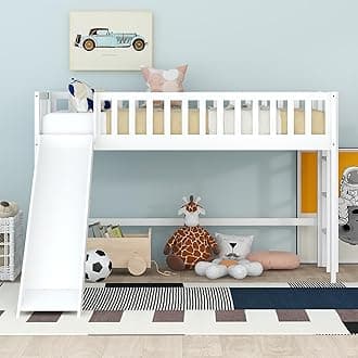 Bellemave Twin Size Low Loft Bed with Slide,Kids Loft Bed with Ladder,Wood Kids Loft Bed Twin Size for Girls Boys,White