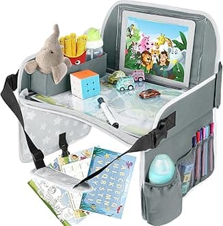 MENZOKE Kids Travel Tray for Toddler Car Seat, Toddler Gift for Boy Activities with Dry Erase Board & iPad Holder Stand, Road Trip Essentials Accessories Lap Tray for Boy as Birthday Gift, Grey