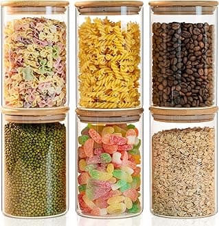 1050ML Kitchen Storage Borosilicate Glass Jar Container with Air Tight Bamboo Wooden Lid Storage Containers Round Shape for Sugar,Candy, Cookie, Rice and Spice Jar (1050ML JARS, 6 PCS)