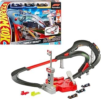 Hot Wheels Toy Car Track Set, 3 Formula 1 Die-Cast Vehicles in 1:64 Scale: McLaren F1 Team, Alpine & VCARB, Sprint Race Circuit (Teams May Vary), JDY15