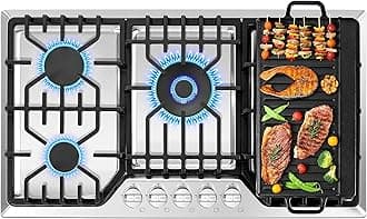 36 inch Gas Cooktop with Grill/Griddle, Gas Stove Top with 5 Italy Sabaf Sealed Burners, Max 48,300 BTU Built-in Propane Stove, 304 Stainless Steel Propane Cooktop, NG/LPG Convertible, CSA Certified