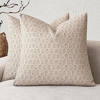 Foindtower Set of 2 Decorative Neutral Floral Print Throw Pillow Covers Vintage Accent Farmhouse Cushion Covers Boho Home Decor for Sofa Chair Couch Bedroom Living Room Outdoor,18×18 Inch,Ivory Beige