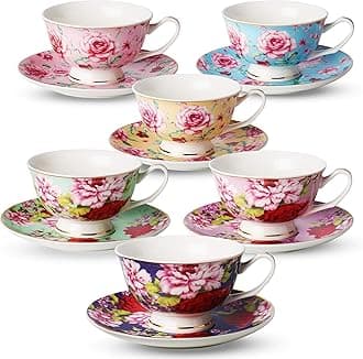 BTaT- Tea Cups and Saucers, Set of 6, 8 oz, Floral Design, Porcelain Tea Cup Sets, Dishwasher Safe