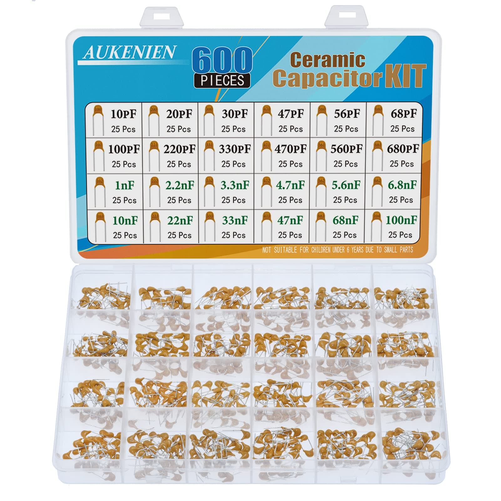 24 Values 600pcs Ceramic Capacitor Assortment Kit uF nF Multilayer Monolithic Assorted Capacitors from 10pF to 100nF