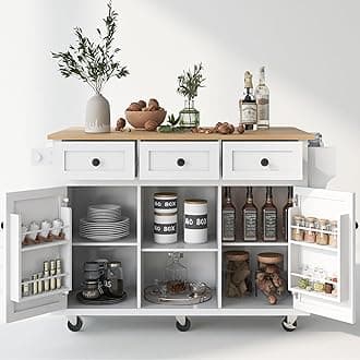 LUMISOL Rolling Kitchen Cart on Wheels with Drop Leaf, Kitchen Island with 3 Drawers and 2 Cabinets, Wood Portable Table with Door Storage Racks, for Dinning Room Living Room, White