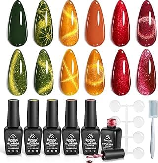 Beetles Cat Eye Gel Nail Polish Set, 6 Colors Red Burgundy Gel Olive Green Cat Eye and Pearl Nail Polish with Magnet Soak Off LED Nail Art Kit DIY Salon at Home Winter Gifts for Women