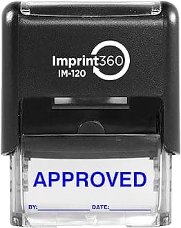 AS-IMP1102B - Approved Stamp with by: & Date:, Blue Ink, Heavy Duty Commerical Self-Inking Rubber Stamp, 9/16" x 1-1/2" Impression