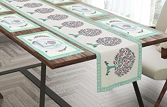 BLOCKS OF INDIA Hand Block Printed Cotton Table Runner, Mat and Napkin Set for Center/Dining Table (Anar Ka Ped)