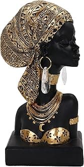 African Lady Bust Sculpture with Golden Headwrap – Resin Figurine with Earrings and Necklace, Modern African Woman Statue for Home Decor and Cultural Gift