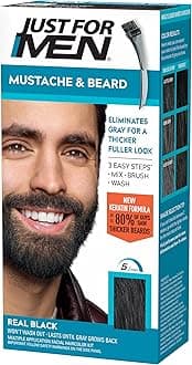 Just For Men Mustache & Beard, Beard Dye for Men with Brush Included, With Keratin Biotin Aloe and Coconut Oil for Healthy Facial Hair - Real Black, M-55, Pack of 1 (Packaging May Vary)