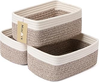 Small Storage Baskets for Organizing | Closet Organizer Bins | Shelf Toy Basket | Woven Rope Baskets | Cube Decorative Box | Shallow Basket | 11.5x7.5x4.7” | 3 Packs White Brown