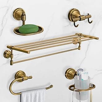 Plantex 304 Grade Stainless Steel Bathroom Accessories Set of 5 - Towel Stand/Napking Ring/Soap Dish/Toothbrush Stand/Robe Hanger - Niko (Brass Antique)