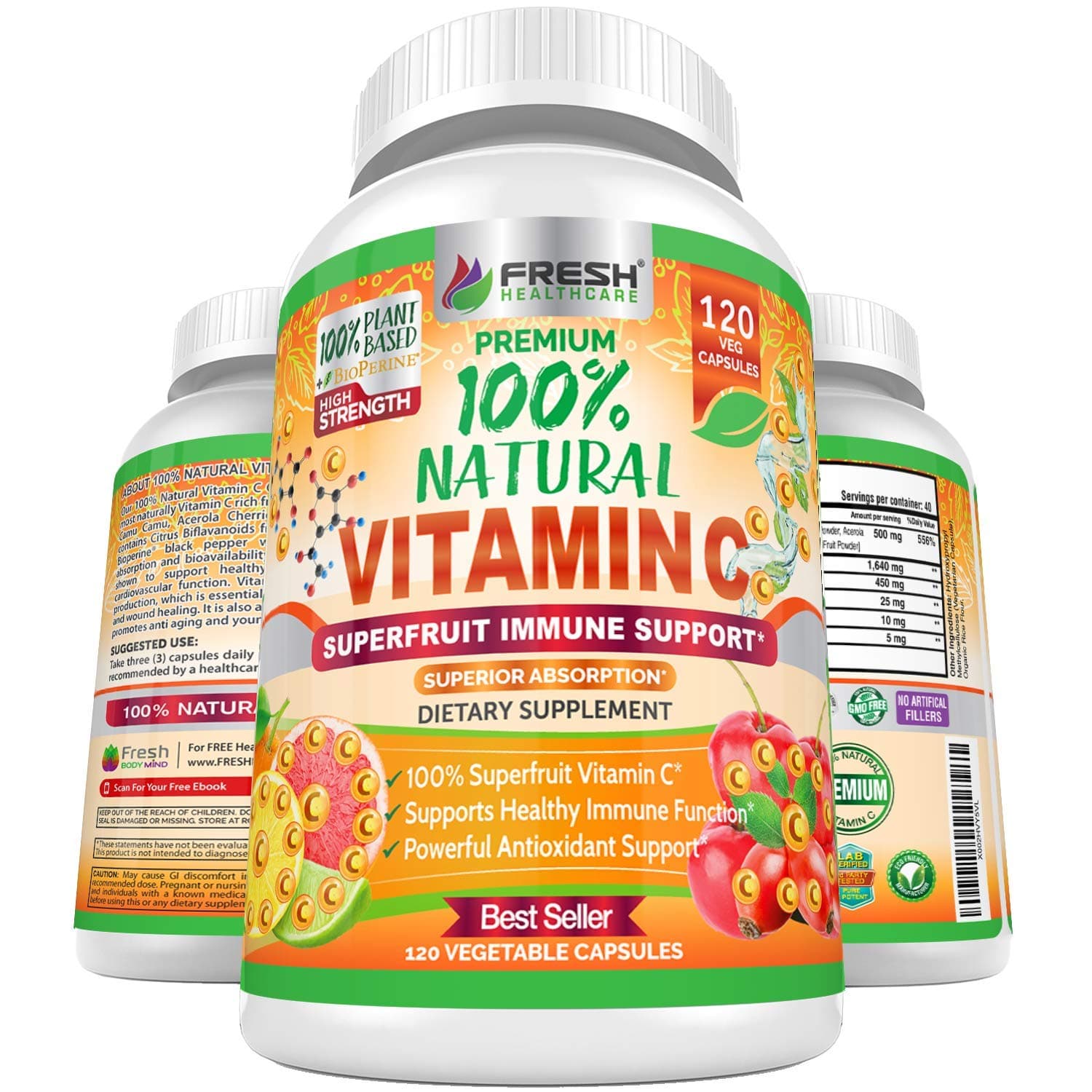 Fresh Healthcare 100% Natural Vitamin C - 500mg from Rose HIPS, Acerola Cherr...