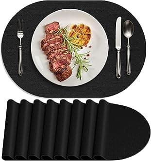 Placemats for Dining Table Set of 8 Non-Slip, Heat Resistant Oval Leather Placemat Double Layer, Waterproof Table Mats Easy to Clean for Kitchen Dining Room Coffee Office Table, Black