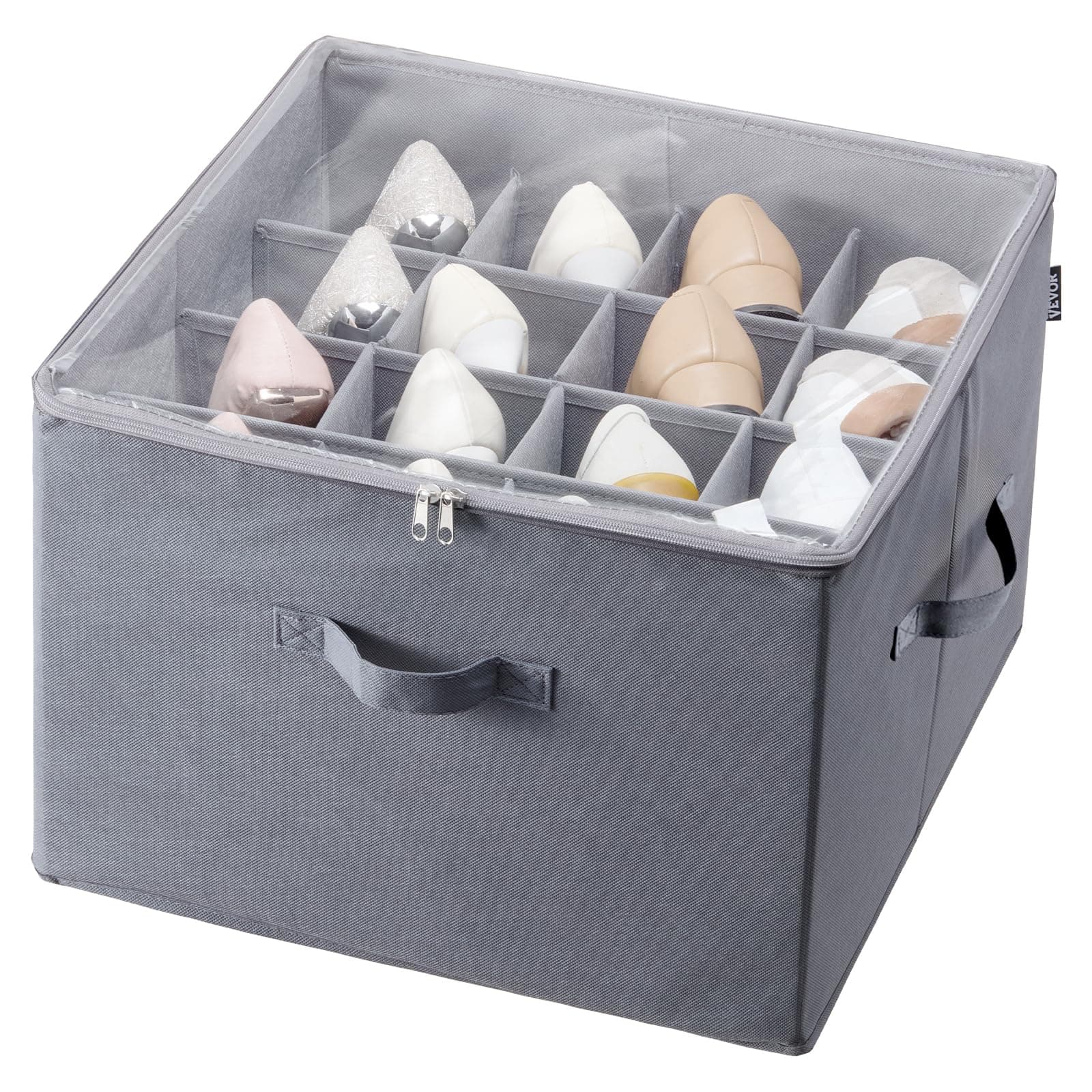 Under Bed Shoe Storage Organizer, 1 Pack, 16 Compartments, Underbed Shoe Box Storage Containers Adjustable Dividers, Sandal Organizer Storage with Clear Window, Breathable, Reinforced Handles