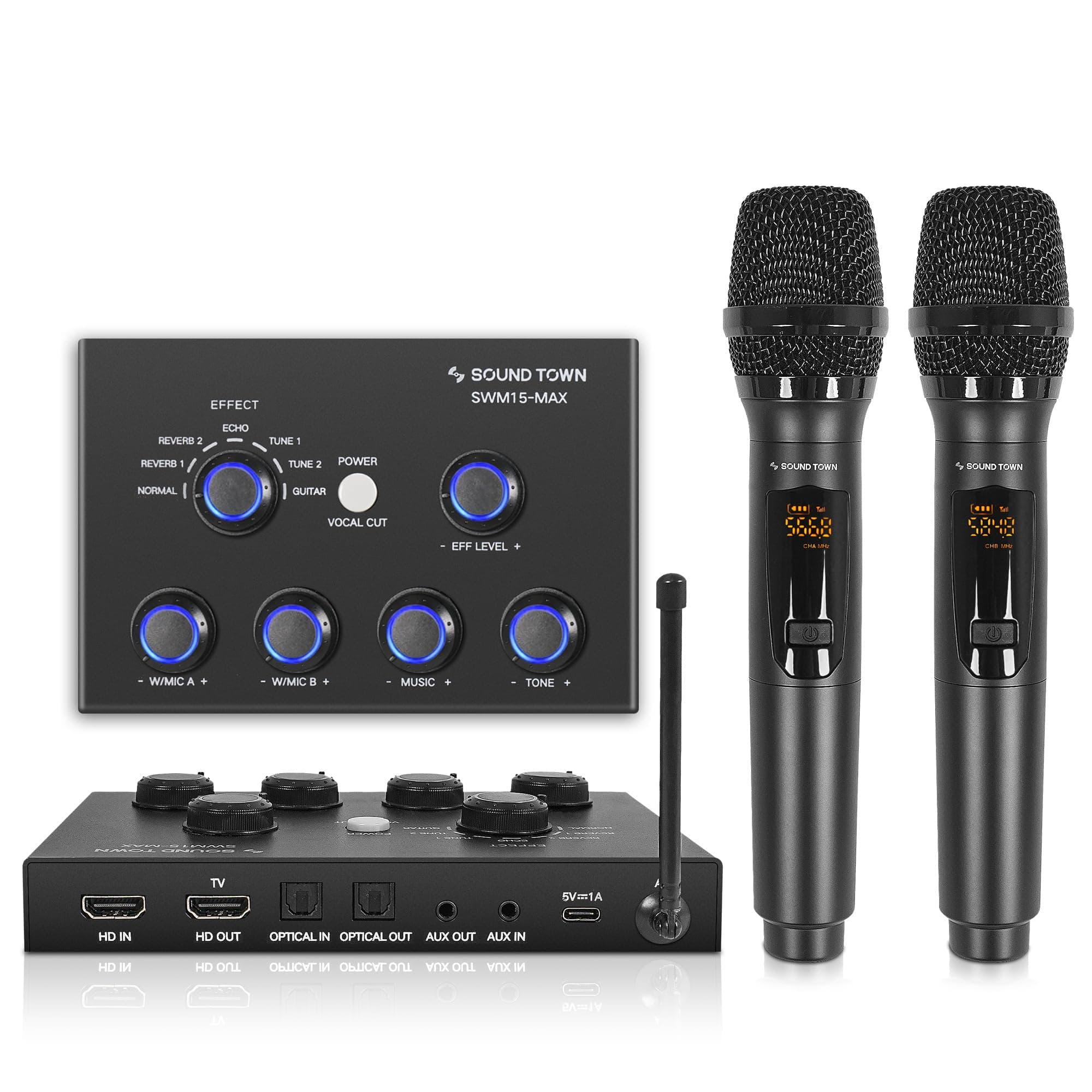 16 Channels Wireless Microphone Karaoke Mixer System w/ 2 Wireless Mics, HD ARC, Optical (Toslink), AUX, Supports Smart TV, Media Box, PC, Bluetooth, Soundbar, Receiver (SWM15-MAX)