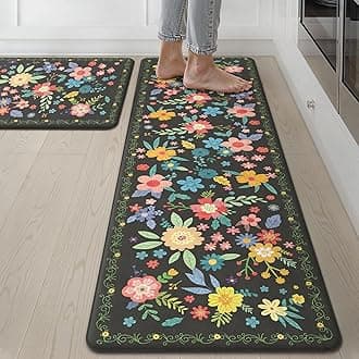 GENIMO Kitchen Mats for Floor 2PCS, Cushioned Kitchen Rugs Non Slip Washable, Farmhouse Anti Fatigue Mat Waterproof, Comfort Standing Mat Rug for Office, Home, Laundry, 17.3"x59"+17.3"x30", Black