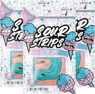 Sour Strips Sour Candy Belts, Cotton Candy, Resealable Candy Bags, 3.4 Ounce (Pack of 3)