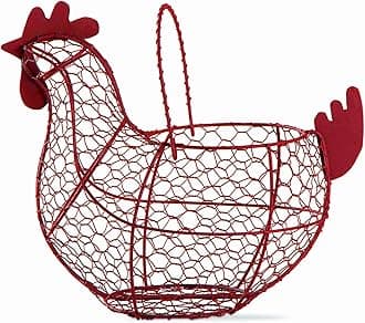 Tag 11.5 inch Red Farmhouse Rustic Vintage Chicken Wire Egg Basket With Handle For Egg Holder Fruit And Kitchen Living Room Home Rooster Decor Decoration Collecting And Countertop Storing Eggs Red