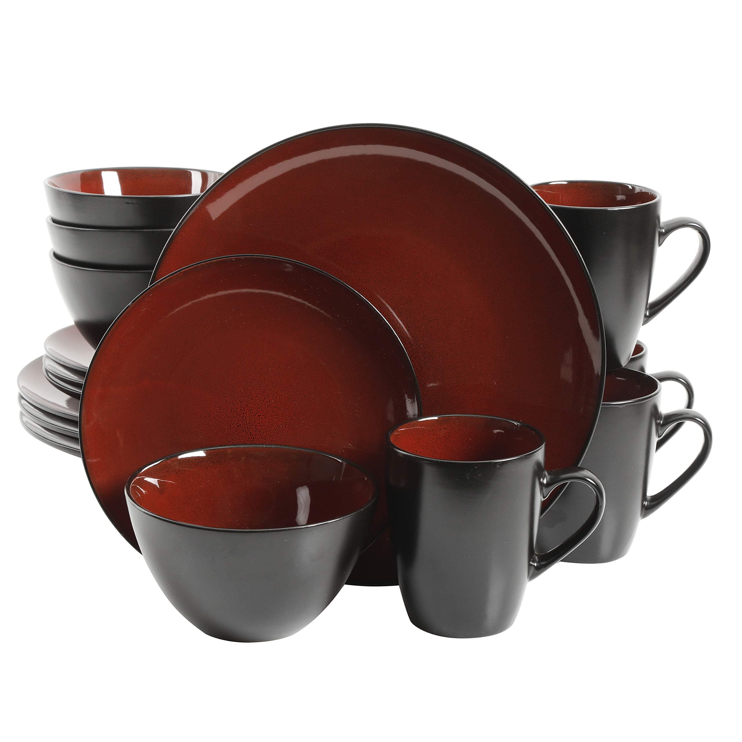 Gibson Elite Soho Lounge Round Reactive Glaze Stoneware Dinnerware Set, Service for Four (16pcs), Red