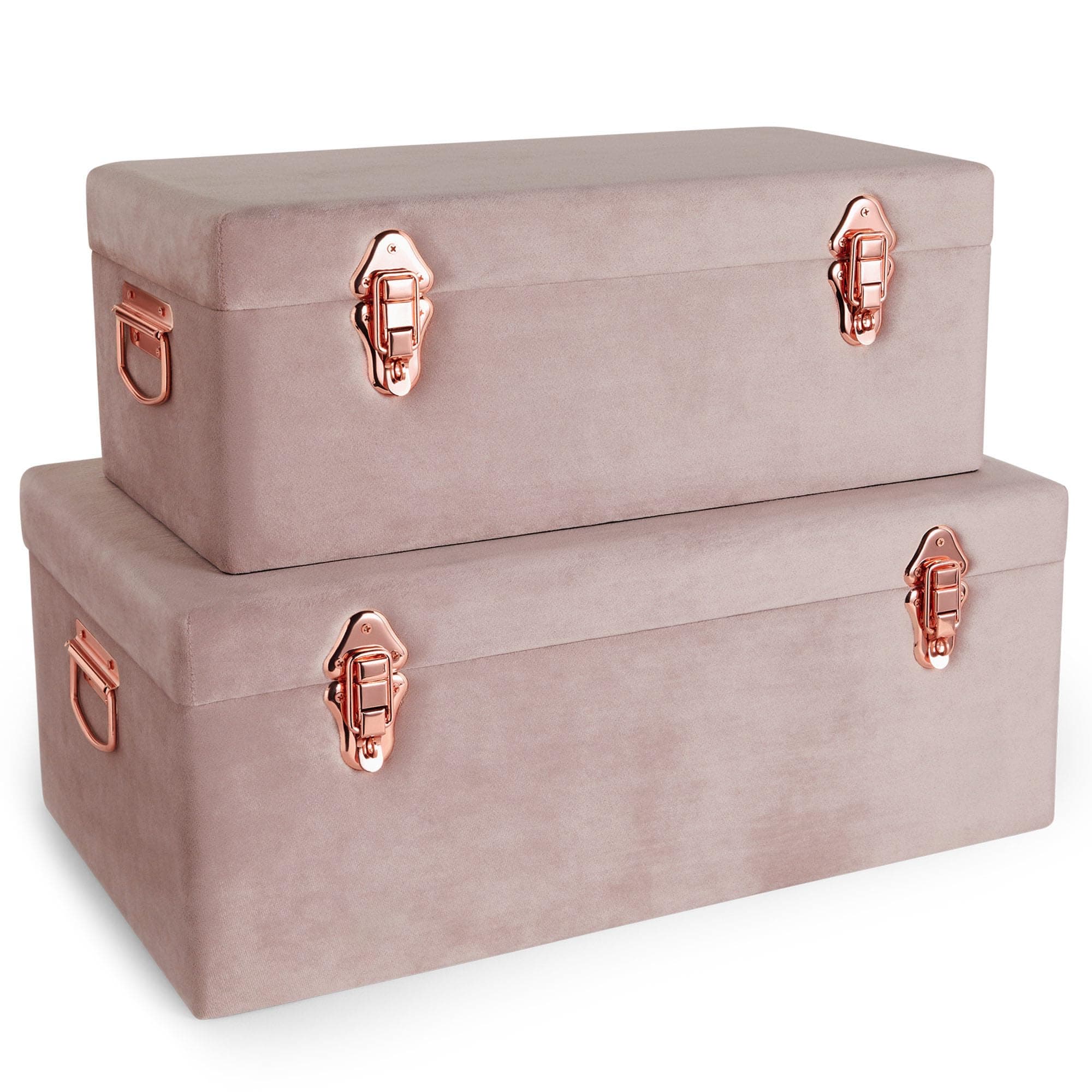 Beautify Storage Trunks, Set of 2 Pink Velvet Finish Storage Chests w/Rose Gold Detailing, Stackable Bedroom Chest Organiser w/Lockable Lids, Sturdy Multi-Purpose Bedding, Blanket & Toy Box