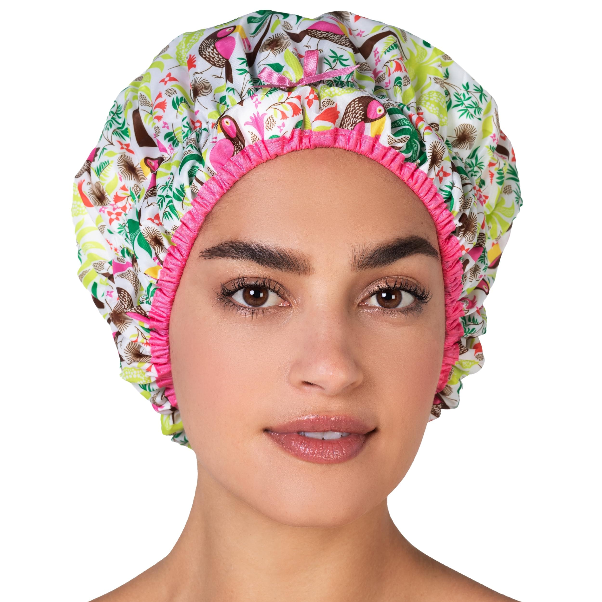 Reusable Bath & Shower Cap Lined, Oversized Waterproof Shower Caps Large Designed for all Hair Lengths with PEVA Lining & Elastic Band Stretch Hem Hair Hat - Fashionista Tropical