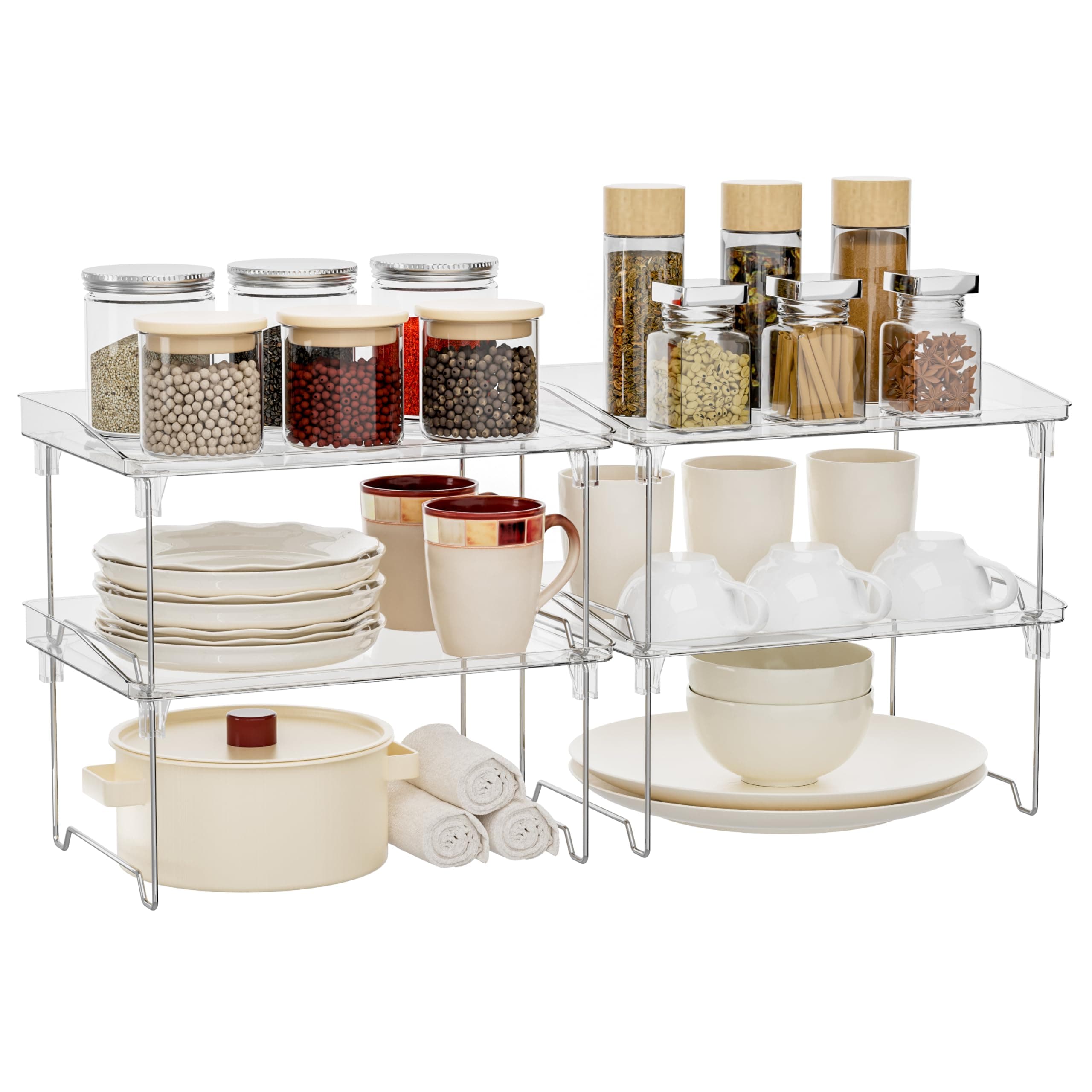 STARLATTA Acrylic Cabinet Organizer Shelf,4 Pcs Stackable Kitchen Counter Shelves,Spice Rack,Countertop Organizers,Clear Plastic Storage Organization for Makeup，Bathroom,Cupboard,Desk,Pantry