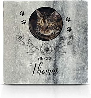 Personalized Memorial Grey Marble Natural Stone Plaque for Pet Cat Dog Frame Paw Grave Marker - Floral - Size | 4" x 4" or 10 x 10 cm|