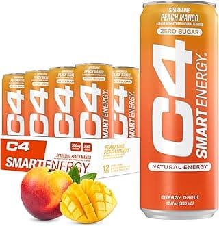 C4 Smart Energy Drink - Sugar Free Performance Fuel & Nootropic Brain Booster, Coffee Substitute or Alternative | Peach Mango Nectar 12 Oz - 12 Pack