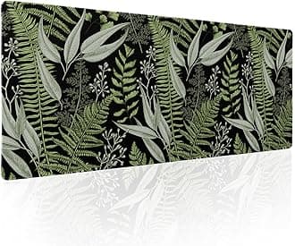 Green Black Plant Leaf Gaming Mouse Pad XL Tropical Fern Botanical Leaves Extended Big Large Desk Mat Non-Slip Rubber Base Stitched Edge Long Keyboard Mousepad for PC Computer Laptop,31.5×11.8 in