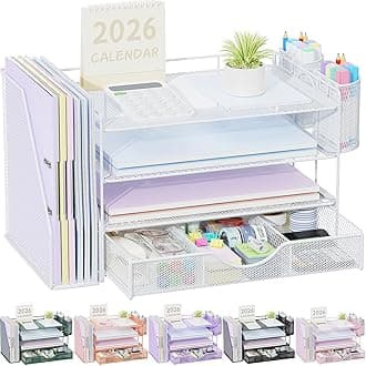 Desk Organizers and Accessories with File Holder, 4-Tier Desk Accessories & Workspace Organizers with Drawer and 2 Pen Holder, Paper Organizer for Office Supplies (White)