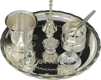 Silver Plated Pooja thali Set 8 Inch with Plate Ghanti Bowl Spoon Dhup Dan Kuber Diya Kumkum Stand Puja Thali for Diwali Home Mandir Office Wedding Return Gift Items