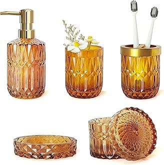 Amber Bathroom Accessories Set, 5Pcs Clear Glass Bathroom Sets, Hand Soap Dispenser, Soap Dish, Toothbrush Holder Set, Qtips Holder for Crystal Vintage Bath Decor, Set