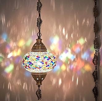 DEMMEX Swag Plug in Turkish Moroccan Mosaic Ceiling Hanging Pendant Light Fixture Lamp Chandelier Lighting Lantern with 4.5meters Cord,Chain and Plug