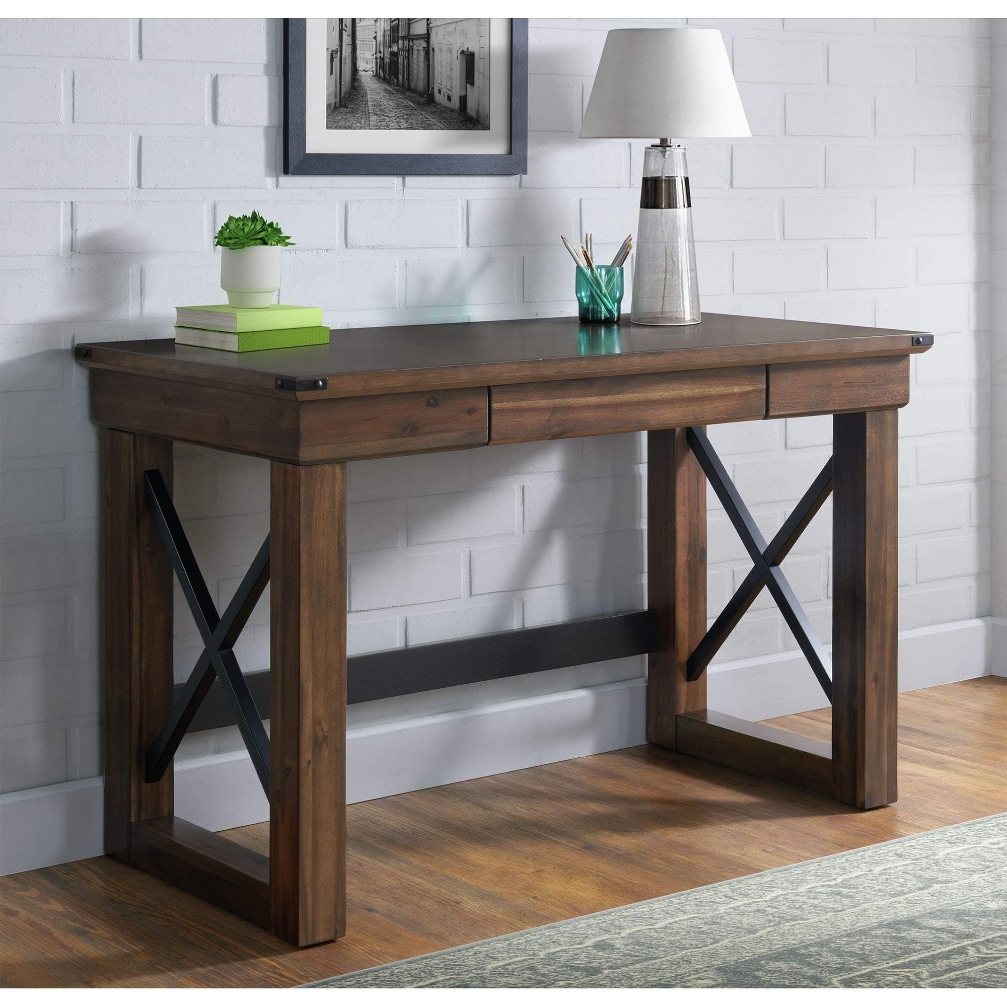 Desk Brown Transitional Rectangular MDF Walnut Finish Includes Hardware