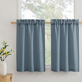 RYB HOME Bathroom Curtains Over Sink 36 inches Length, Linen Blend Semi Sheer Light Filtering Tiers for Camper Kithen Cafe, Small Curtains for Door Window, W 26 x L36, Stone Blue, 2 Panels Set