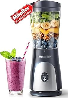Mueller Smoothie Blender for Smoothies - Personal Blender for Shakes, Frozen Drinks, Baby Food & More, 15oz Travel Cup and Lid, Durable Stainless Steel Blades for Powerful Blending Performance
