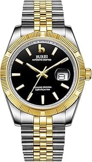 BUREI Men's Wristwatch, Automatic, Mechanical, Waterproof, Fashionable, Analog, Popular, Business, Date, Brand Watch, Simple, Casual, Luminous Watch, gold and silver-black, Bracelet Type