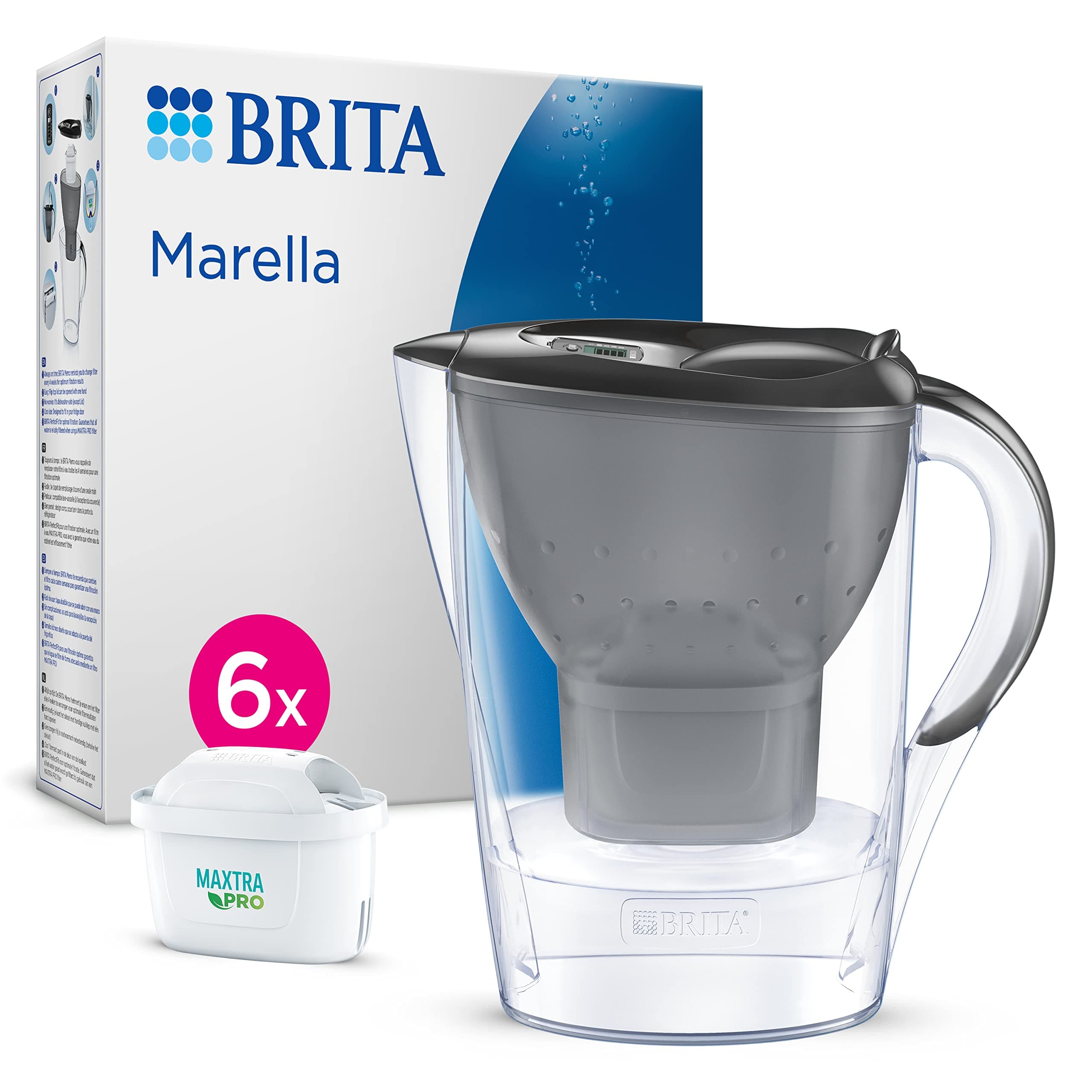 BRITA Marella Water Filter Jug Graphite (2.4L) Half Year Pack incl. 6x MAXTRA PRO Pure Performance cartridge - fridge-fitting jug with digital LTI and Flip-Lid - now in sustainable Smart Box packaging