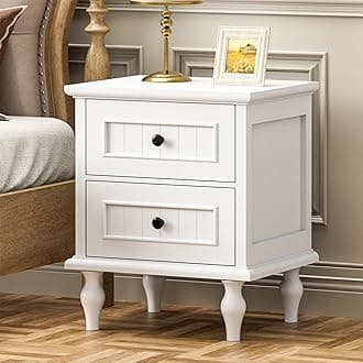 Scurrty Nightstand, Antique Style End Table with 2 Drawers, Taller Nightstand for Bedroom, Side Table for Bedroom (White, Single)