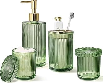 Green Glass Bathroom Accessories 4 Pcs, Green Bathroom Set, Soap Dispenser and Toothbrush Holder Set, Qtip Holder Set, Vintage Bathroom Sink Set, Cute Bathroom Decor