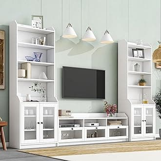 Merax Chic Elegant Entertainment Wall Unit with Tall Cabinets and Acrylic Board Door, Modern Console Table for Television Up to 65", Multifunctional TV Stand Set, 118 inch Length, White