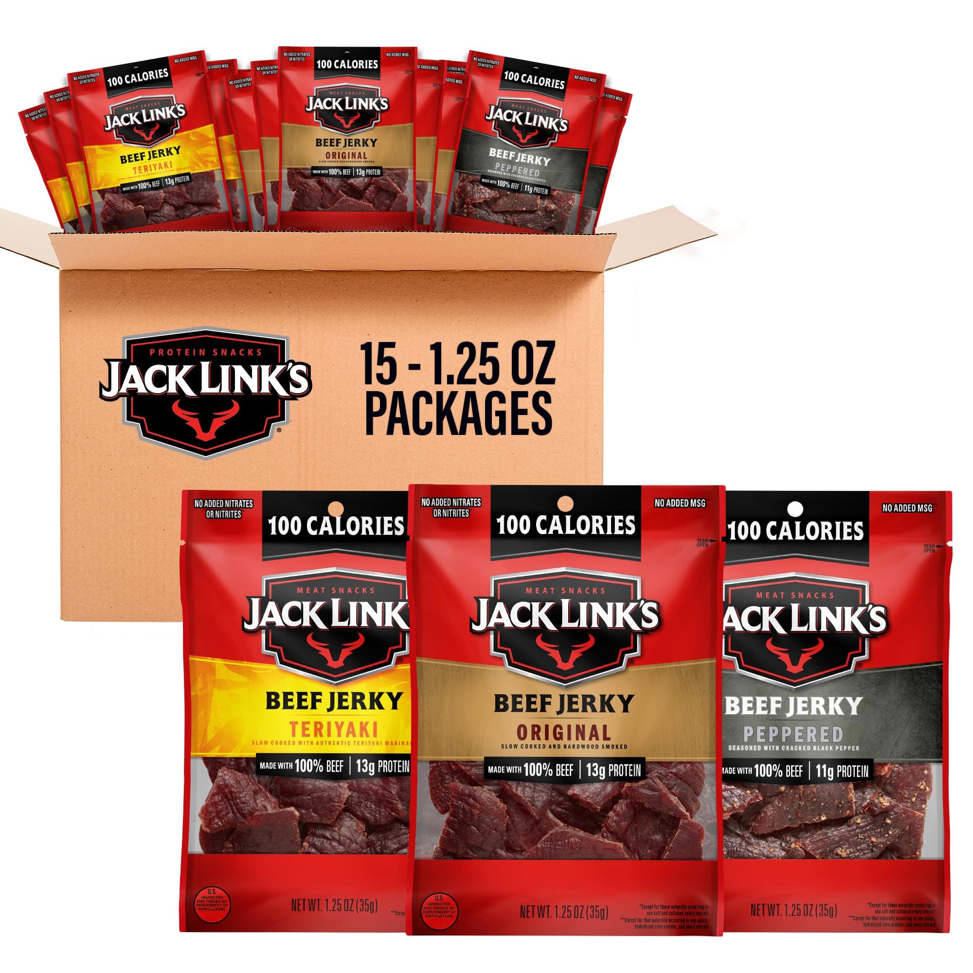 Jack Link's Beef Jerky Variety Pack – Includes Original, Teriyaki and Peppered Jerky, Bulk Protein Snack Pack, Good Source of Protein, Meat Snacks Made with 100% Beef – 1.25 Oz (Pack of 15)
