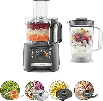 Kenwood MultiPro Compact FDP31.170GY, Food Processor with Blending Blade, Kneading Function, and Slicing Disc, 1.2L Blender, 2 Speeds + Pulse, 2.1L Bowl, 800W, Grey