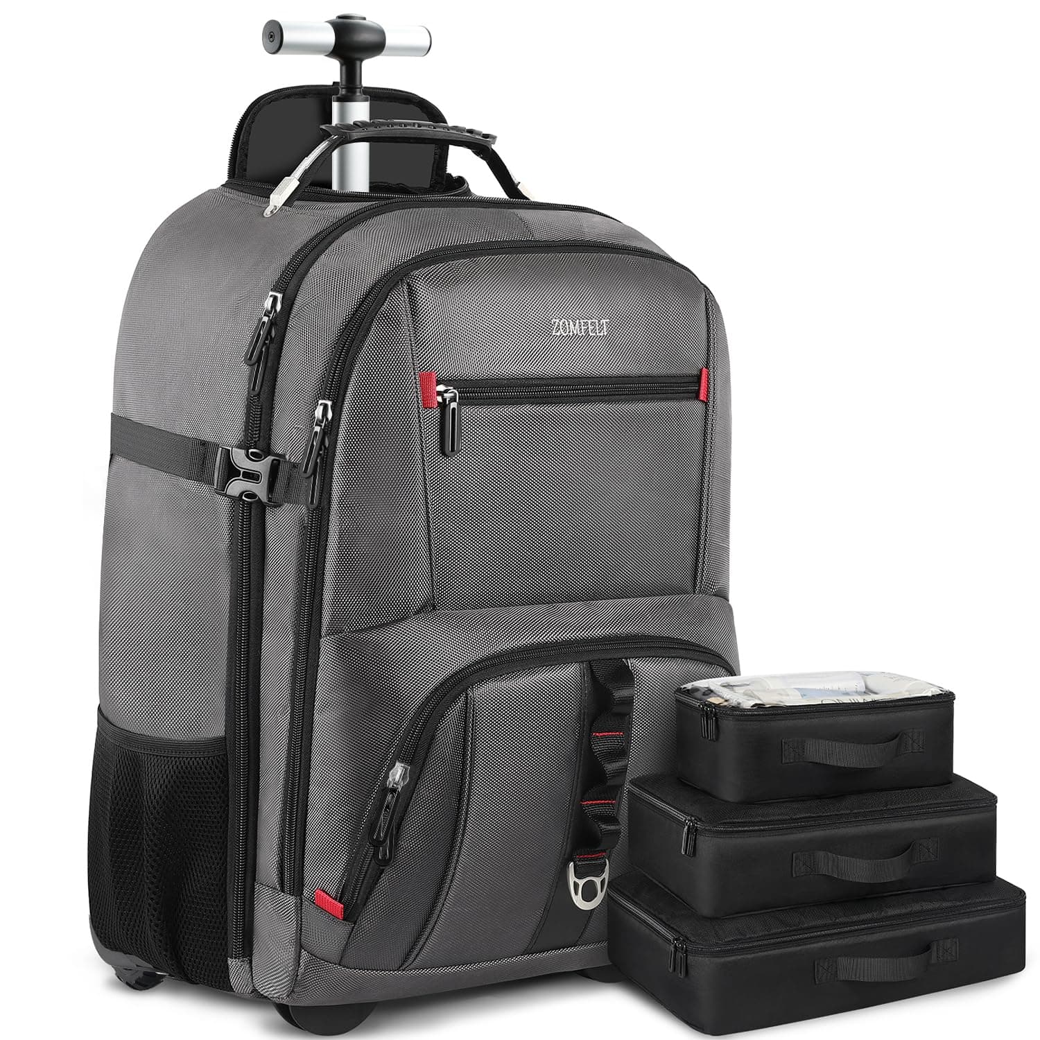 ZOMFELT Rolling Backpack, Travel Backpack with Wheels, Carry on Backpack with 3 Packing Cubes, 17.3 Inch Wheeled Laptop Backpack for Men Women Adults to Travel Work Business Grey