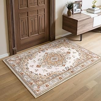 HOMORE 2x3 Area Rug Small Beige Rugs for Bedroom, Washable Rug for Entryway, Faux Wool Non Slip Low Pile Indoor Door Mat for Entrance Small Kitchen Rugs Vintage Floral Rug for Living Room Dorm Decor