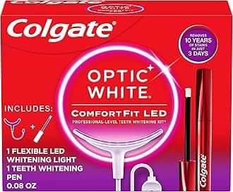 Colgate Optic White ComfortFit LED Teeth Whitening Kit, Hydrogen Peroxide Teeth Whitening Gel Kit, Helps Remove 10 Years of Stains, Enamel Safe, Includes Whitening Pen and Flexible LED Light