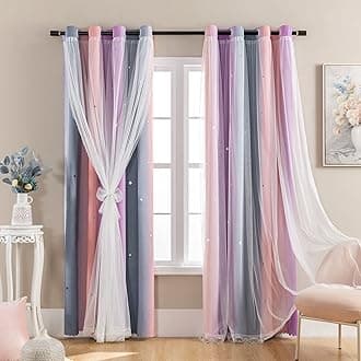 XiDi Dream Star Blackout Curtains for Kids Rooms Girl Princess Curtain for Daughter Bedroom Window (Grey Pink Purple, W34 X L63)