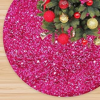 Hot Pink Christmas Tree Skirt 46 Inches Embroidered Sequin Tree Skirt Mat Glitter Velvet Tree Base Cover Personalized Sparkly Christmas Tree Ring Skirt Fuchsia Xmas Tree Skirt for Decorations